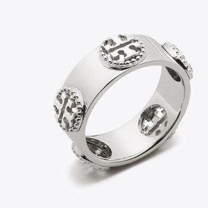 Tory Burch Ring Milgrain Silver Logo Ring New